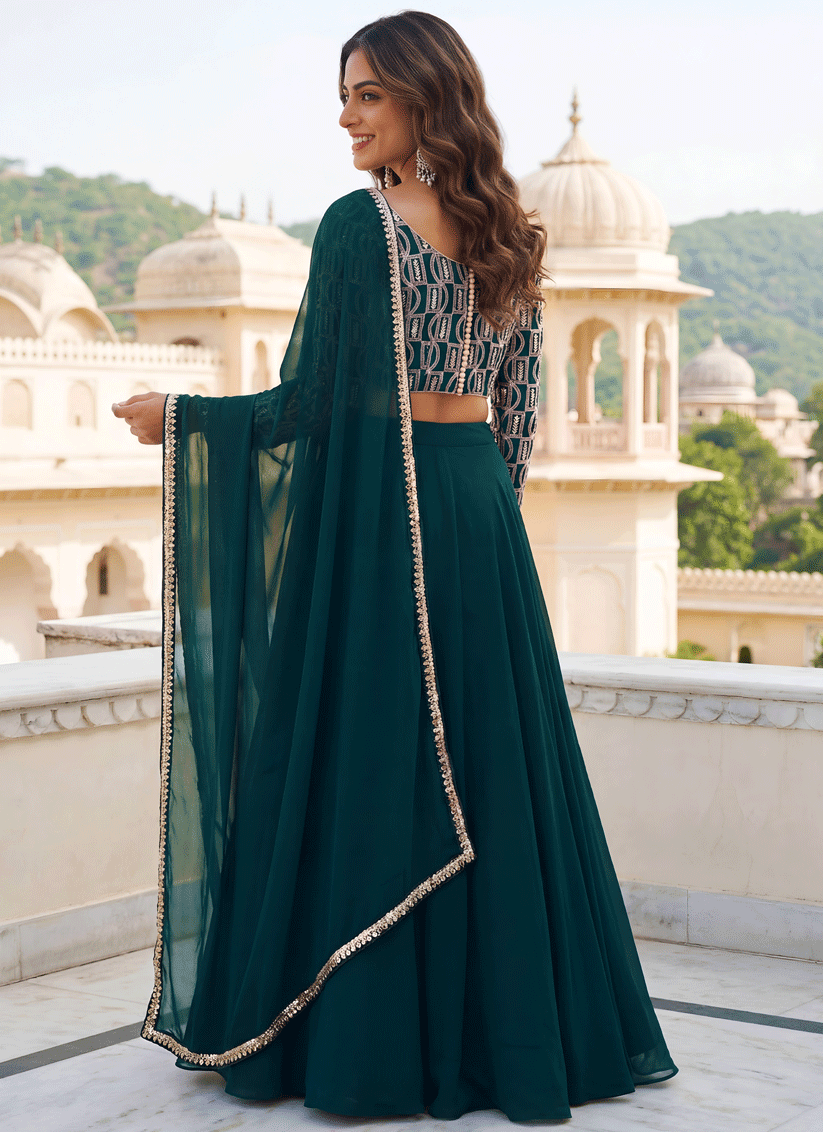 Emerald Green Georgette Lehenga Choli with Classic Traditional Work