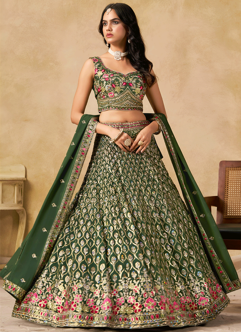 Elegant Green Georgette Lehenga Choli with Sequins & Thread Embroidery
