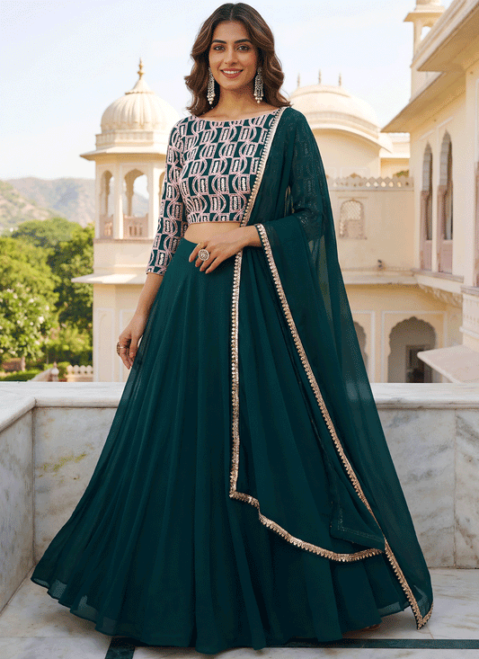 Emerald Green Georgette Lehenga Choli with Classic Traditional Work
