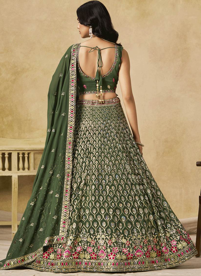 Elegant Green Georgette Lehenga Choli with Sequins & Thread Embroidery
