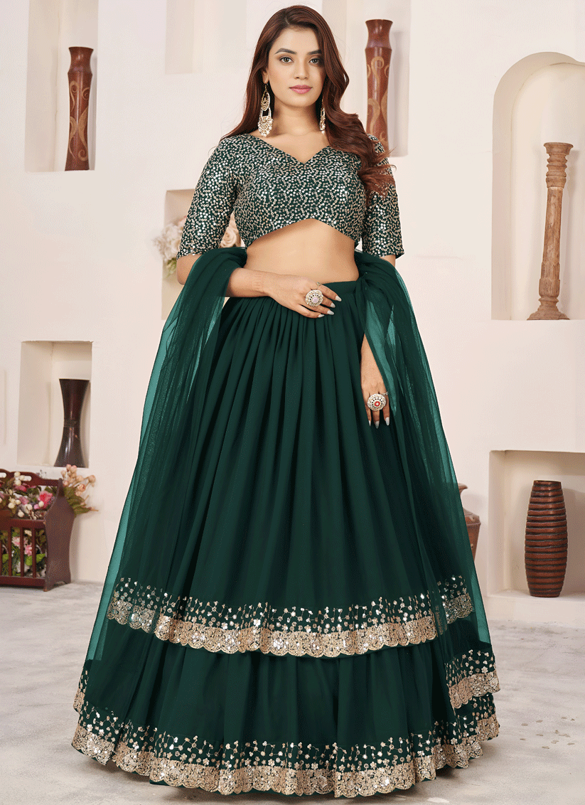 Emerald Green Sequins & Embroidered Georgette Lehenga Choli with Soft Net Dupatta