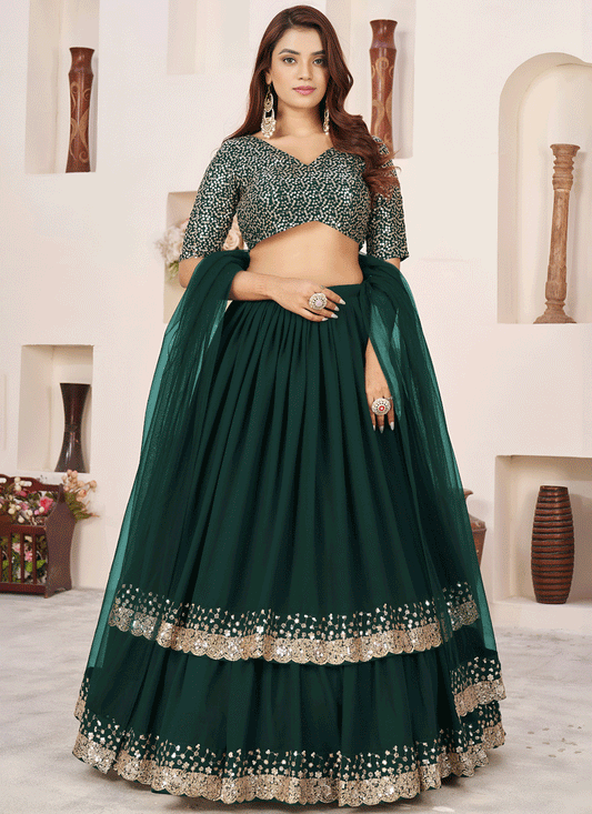 Emerald Green Sequins & Embroidered Georgette Lehenga Choli with Soft Net Dupatta