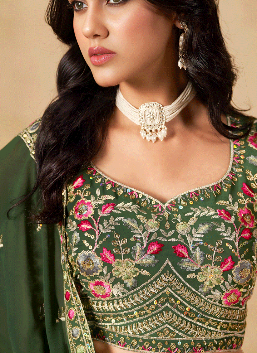 Elegant Green Georgette Lehenga Choli with Sequins & Thread Embroidery
