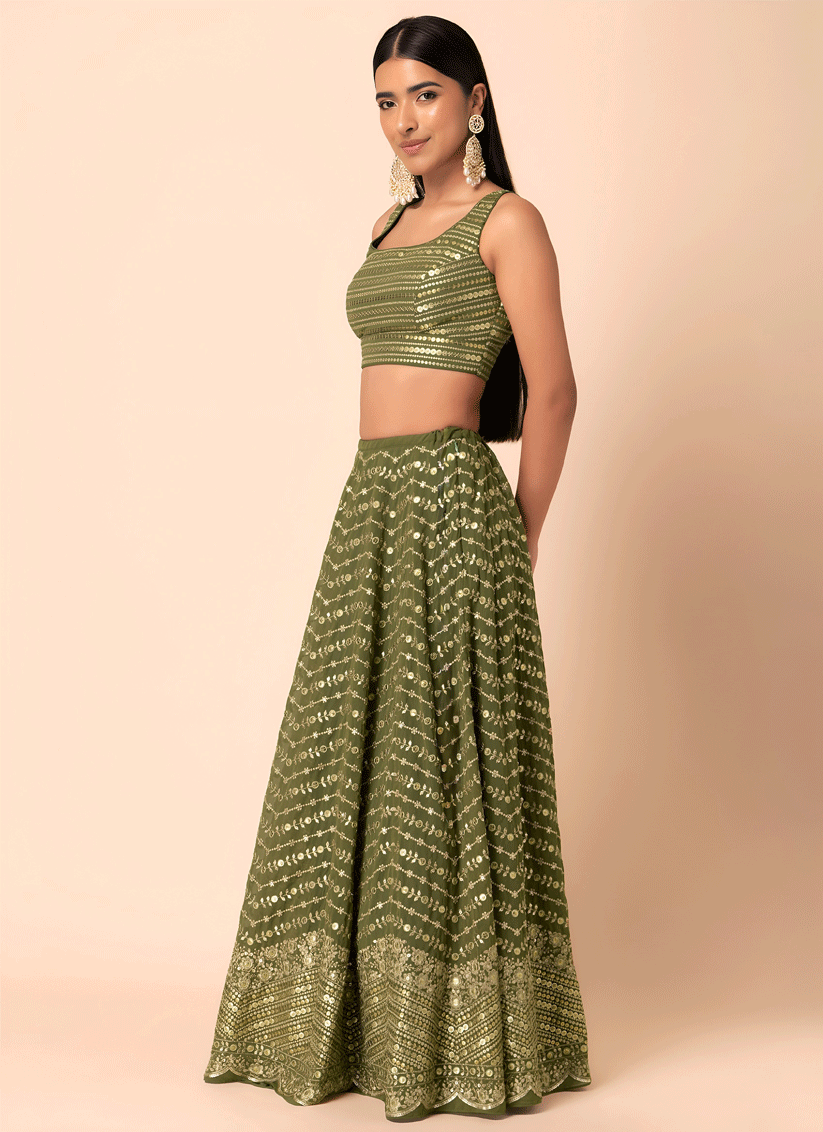 Olive Green Ethnic Embroidered Georgette Lehenga Choli for Special Occasions