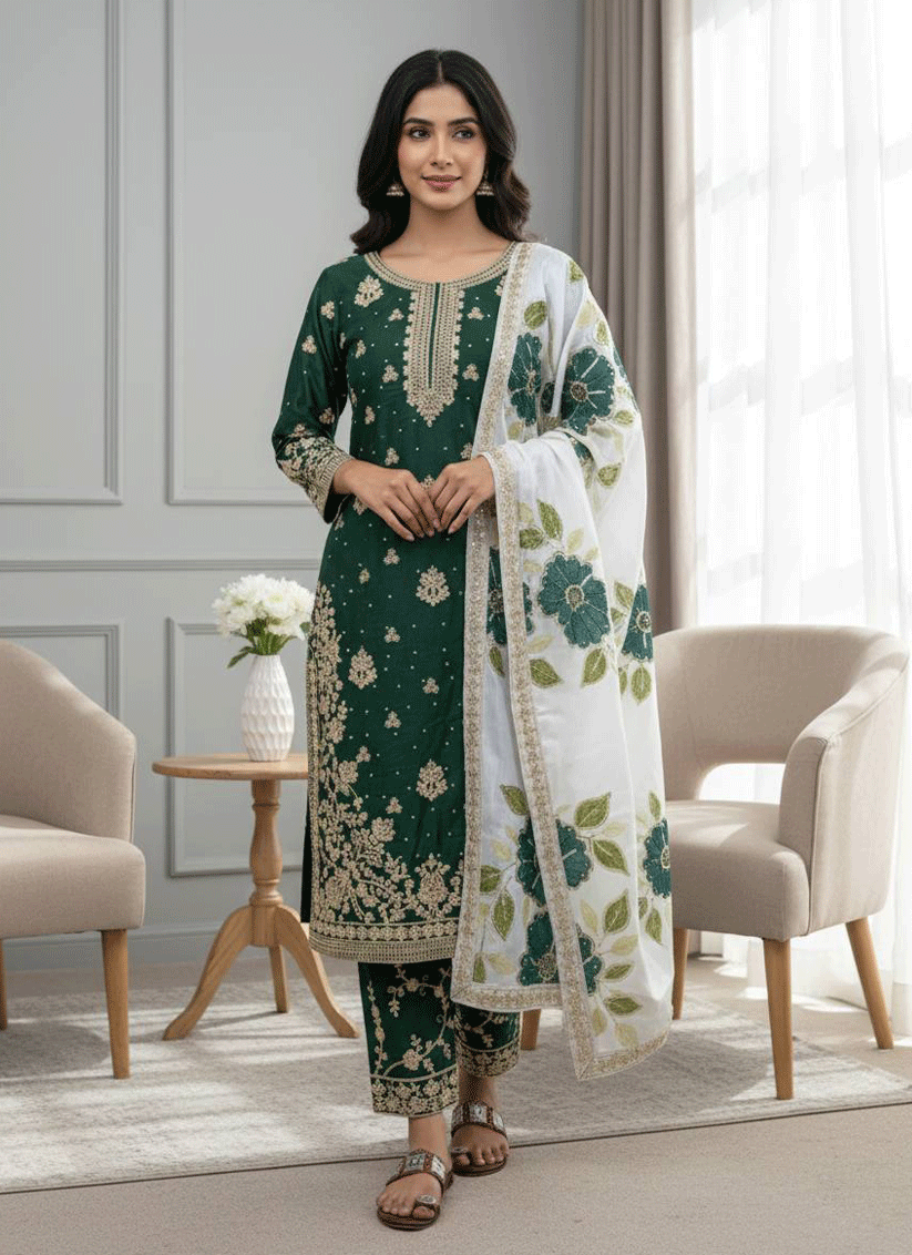 Stunning Green  Embroidered Top and Palazzo with Matching Dupatta