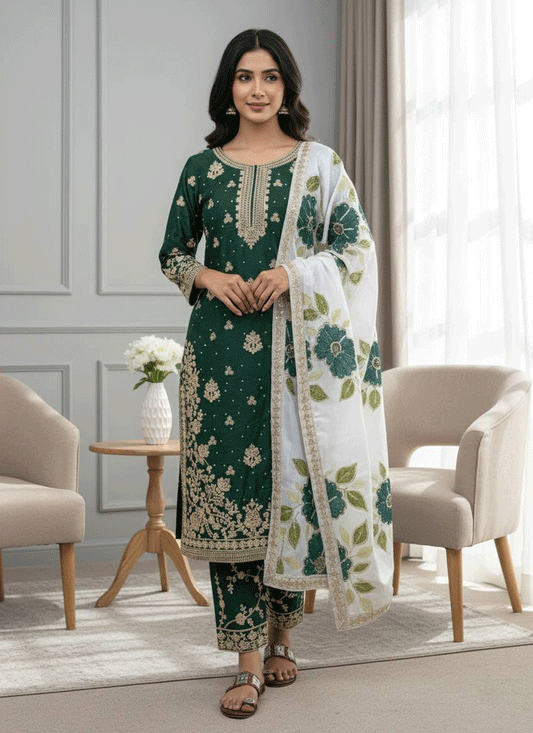 Stunning Green  Embroidered Top and Palazzo with Matching Dupatta