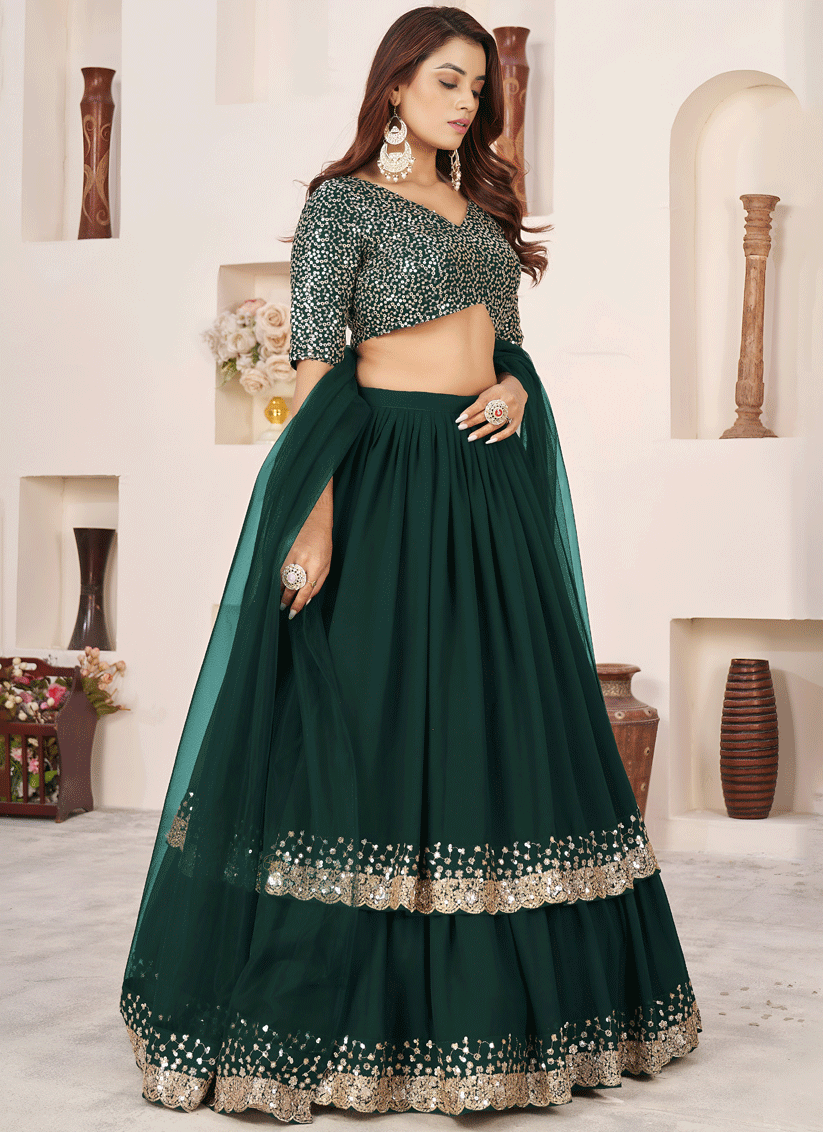 Emerald Green Sequins & Embroidered Georgette Lehenga Choli with Soft Net Dupatta
