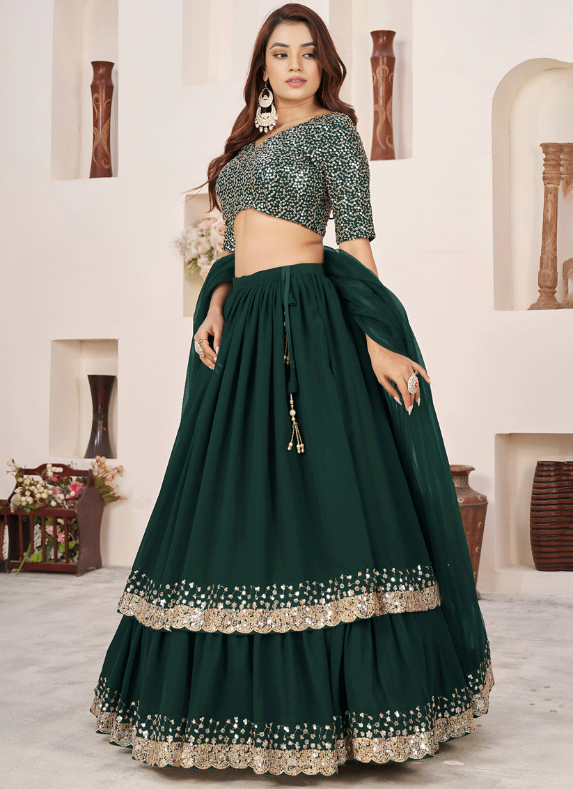 Emerald Green Sequins & Embroidered Georgette Lehenga Choli with Soft Net Dupatta