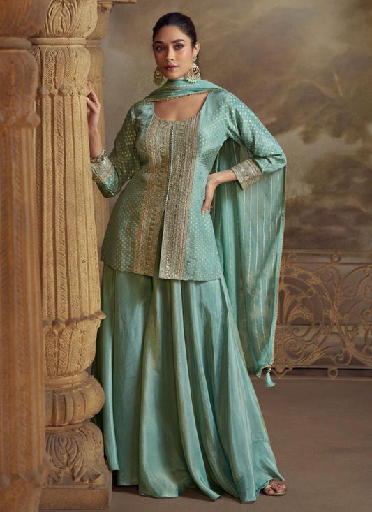 Sage Green Georgette Embroidered Designer Plazzo Suit