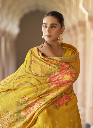 Yellow Chinon Silk Sharara Suit with Embroidery, Sequins, Mirror Work & Festive Wear