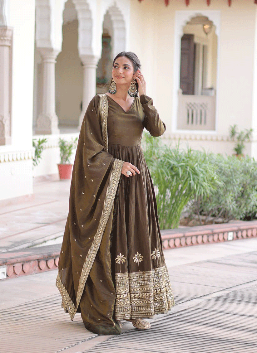 Mehendi Vichitra Silk  Embroidered  Designer Gown
