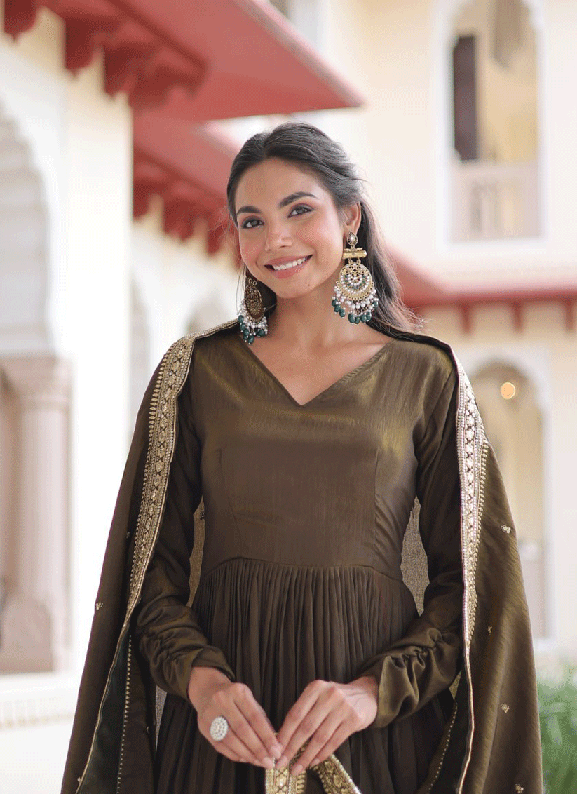 Mehendi Vichitra Silk  Embroidered  Designer Gown