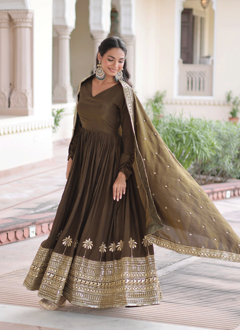 Mehendi Vichitra Silk  Embroidered  Designer Gown