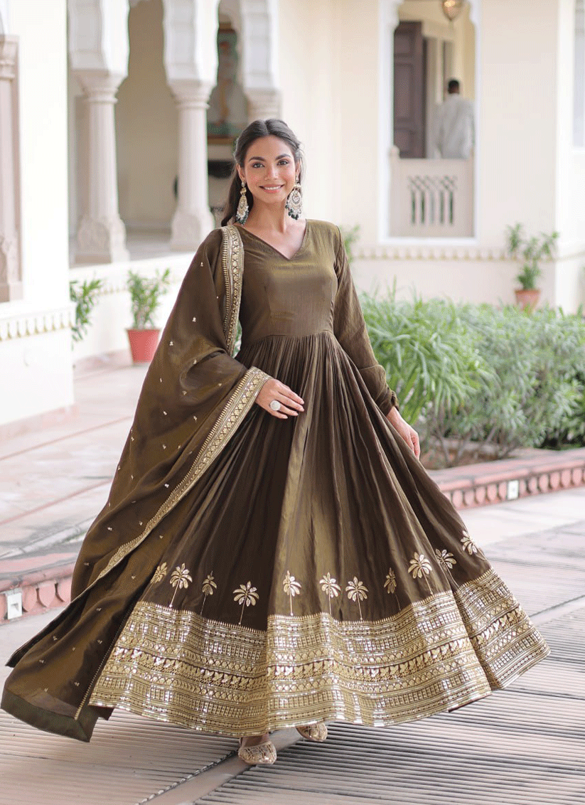 Mehendi Vichitra Silk  Embroidered  Designer Gown