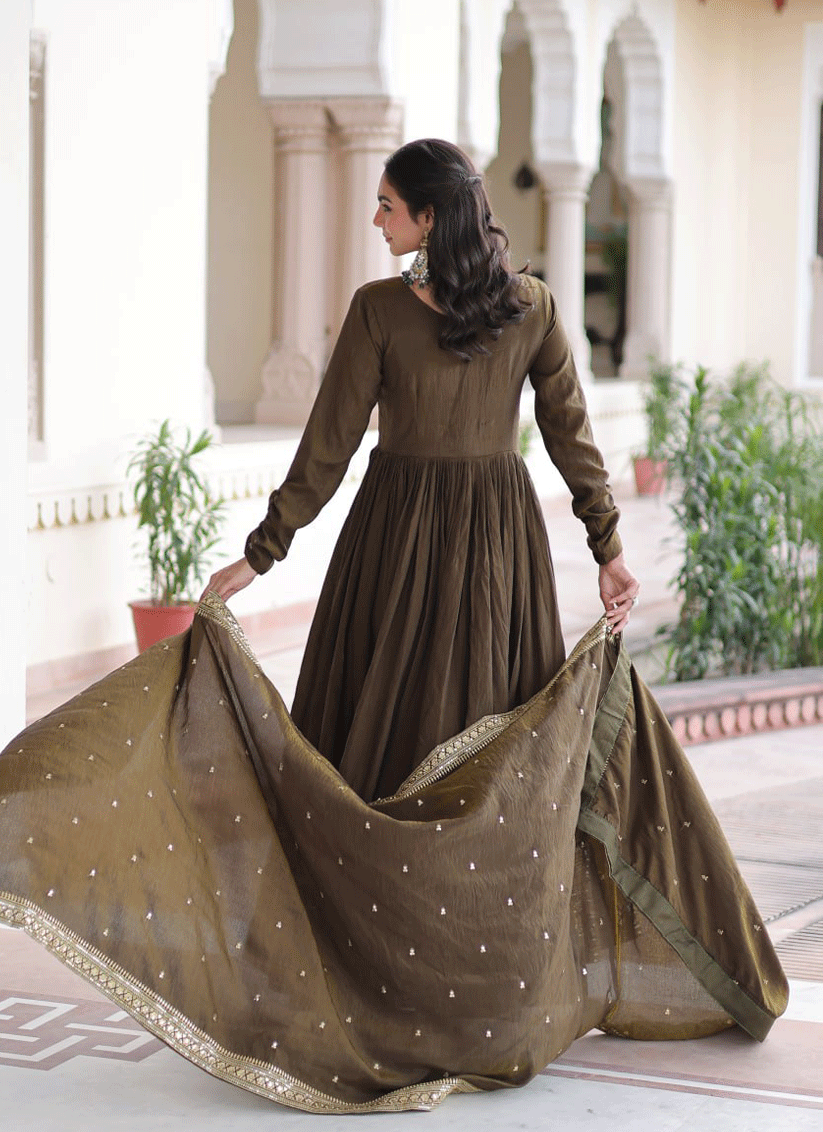 Mehendi Vichitra Silk  Embroidered  Designer Gown