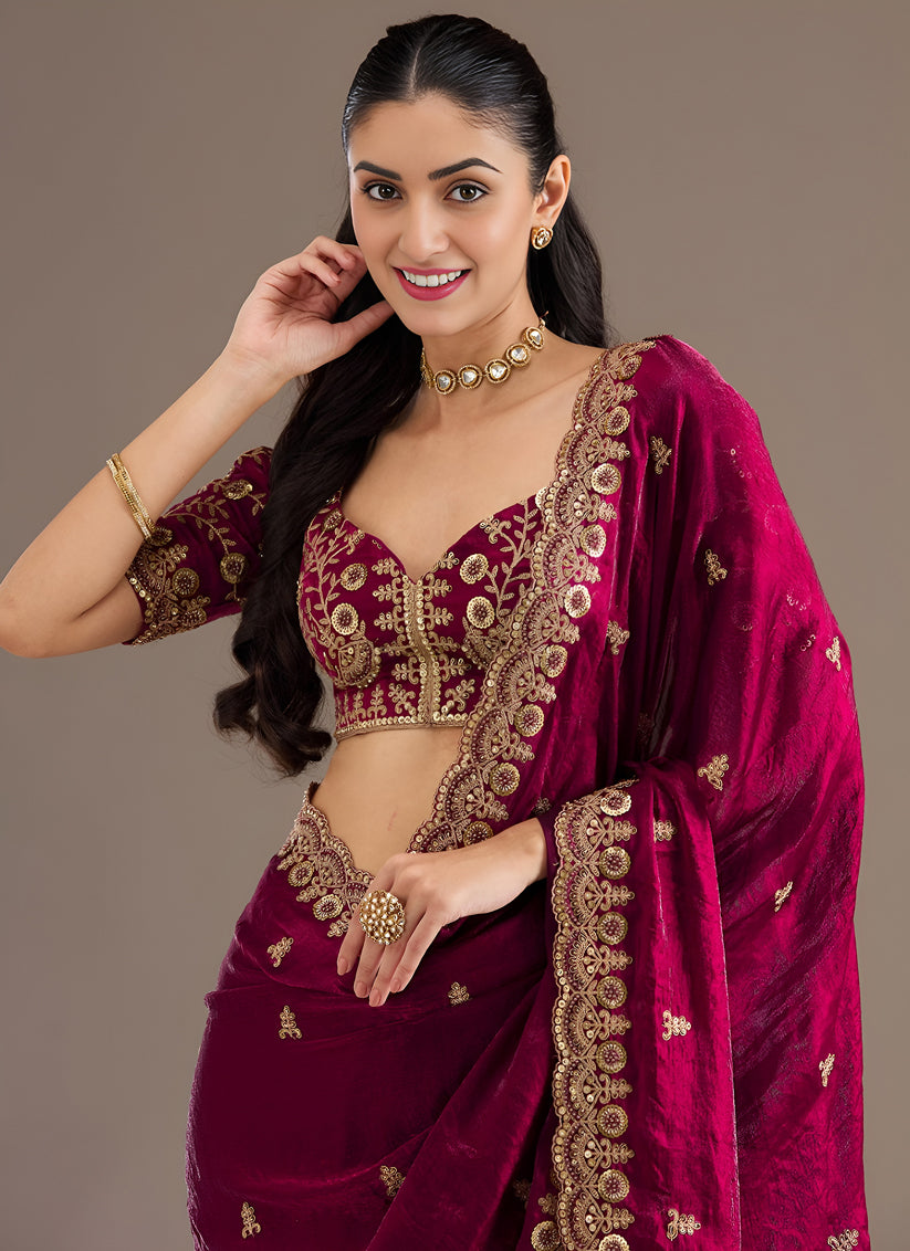 Magenta  Designer Tissue Saree with Embroidery and Sequin Work