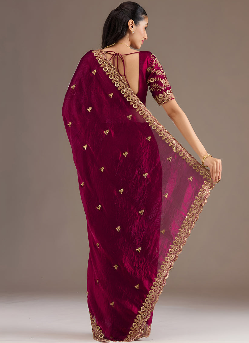 Magenta  Designer Tissue Saree with Embroidery and Sequin Work