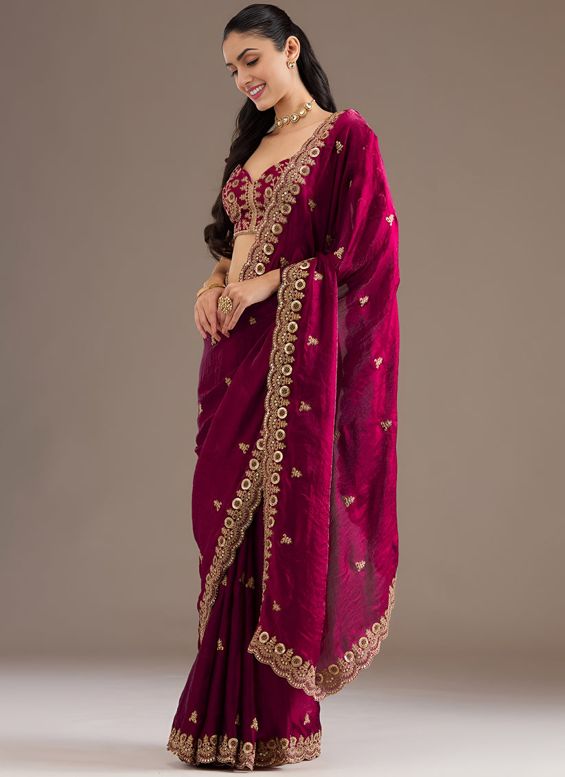 Magenta  Designer Tissue Saree with Embroidery and Sequin Work