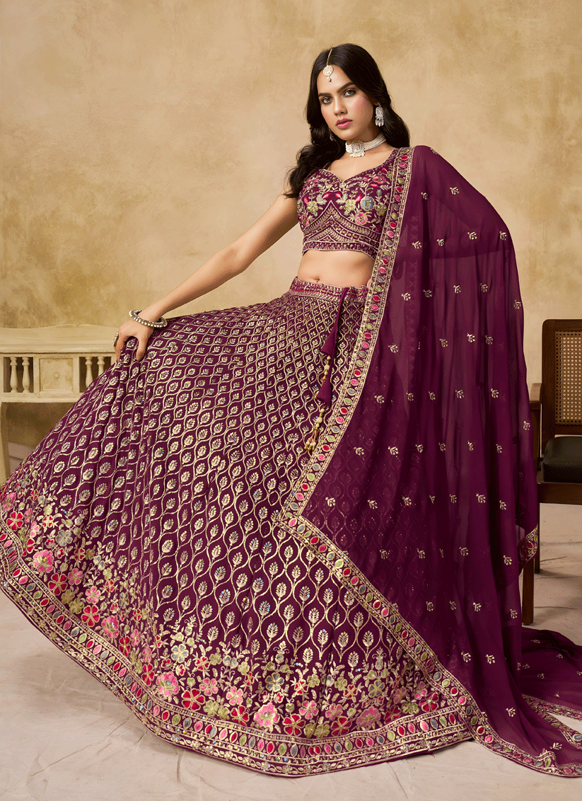 Classic Maroon Georgette Lehenga Choli with Sequins & Thread Embroidery