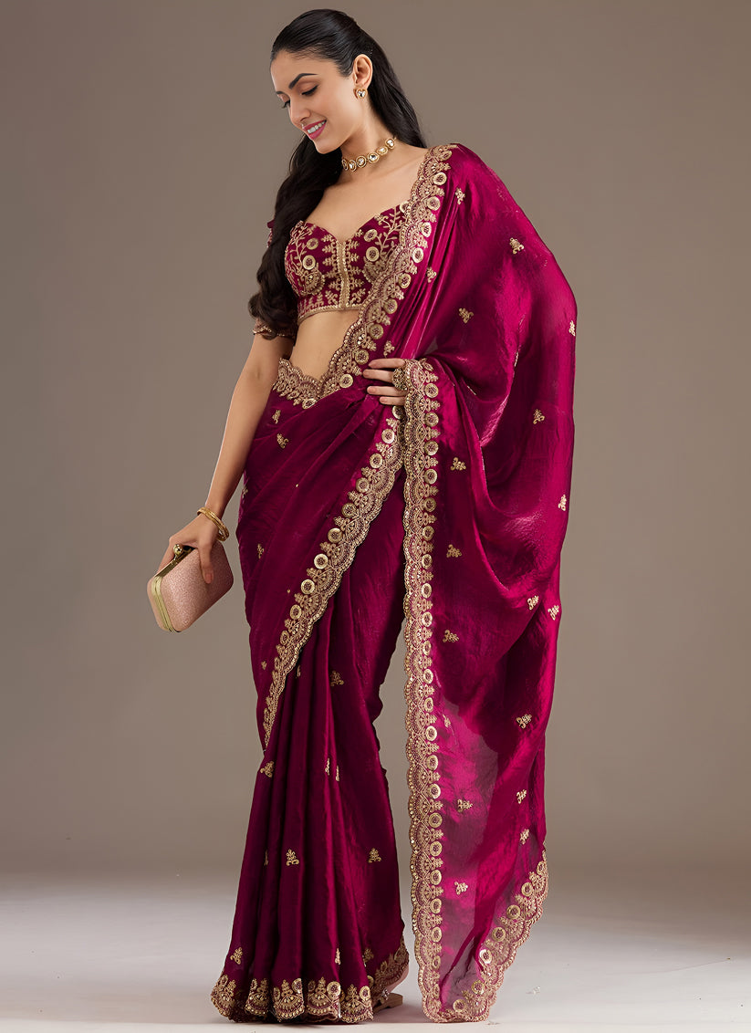 Magenta  Designer Tissue Saree with Embroidery and Sequin Work