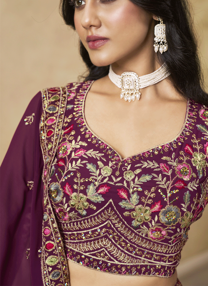 Classic Maroon Georgette Lehenga Choli with Sequins & Thread Embroidery