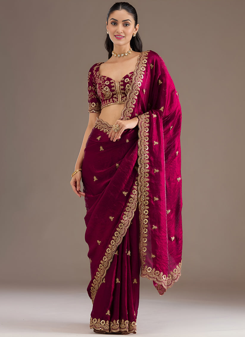 Magenta  Designer Tissue Saree with Embroidery and Sequin Work
