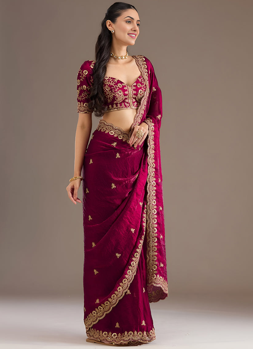 Magenta  Designer Tissue Saree with Embroidery and Sequin Work