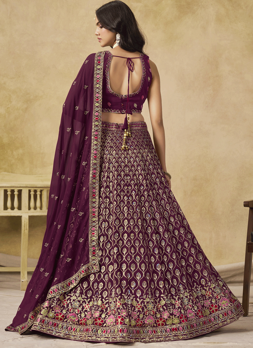 Classic Maroon Georgette Lehenga Choli with Sequins & Thread Embroidery