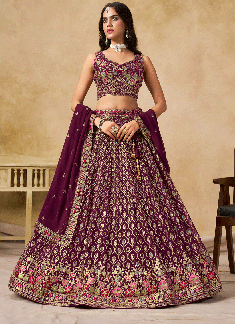 Classic Maroon Georgette Lehenga Choli with Sequins & Thread Embroidery