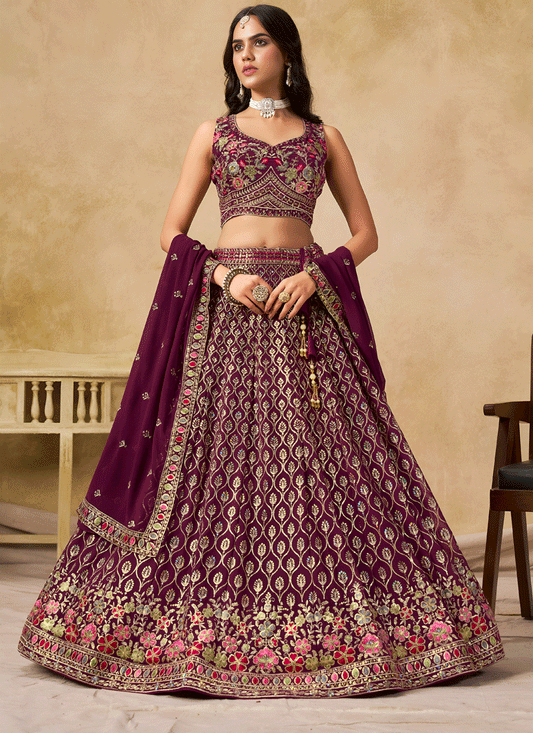 Classic Maroon Georgette Lehenga Choli with Sequins & Thread Embroidery