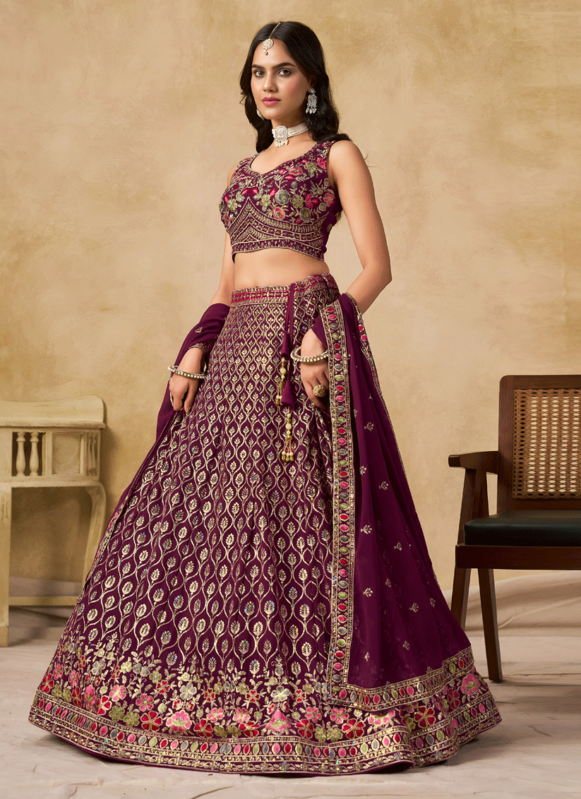Classic Maroon Georgette Lehenga Choli with Sequins & Thread Embroidery