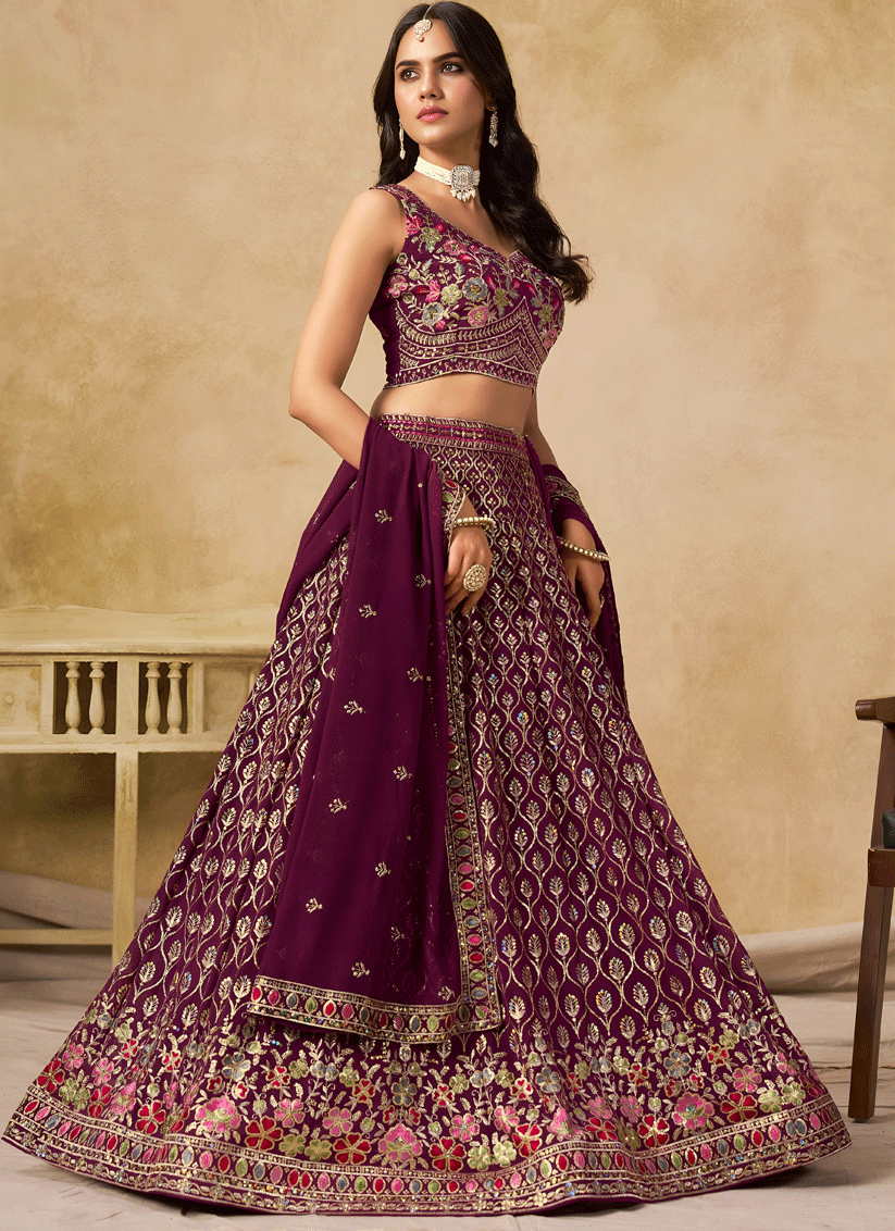 Classic Maroon Georgette Lehenga Choli with Sequins & Thread Embroidery