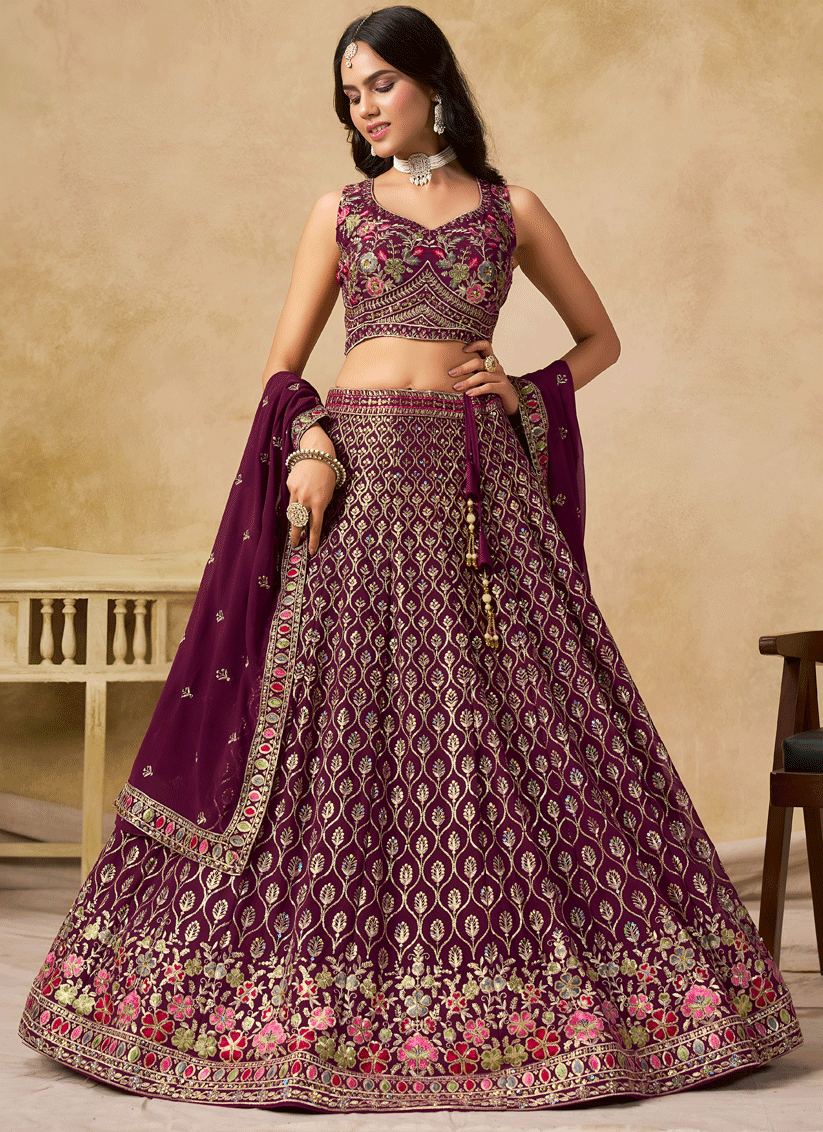 Classic Maroon Georgette Lehenga Choli with Sequins & Thread Embroidery