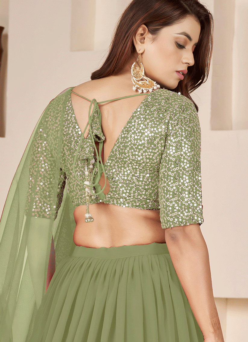 Olive Mist Sequins & Embroidered Georgette Lehenga Choli with Soft Net Dupatta