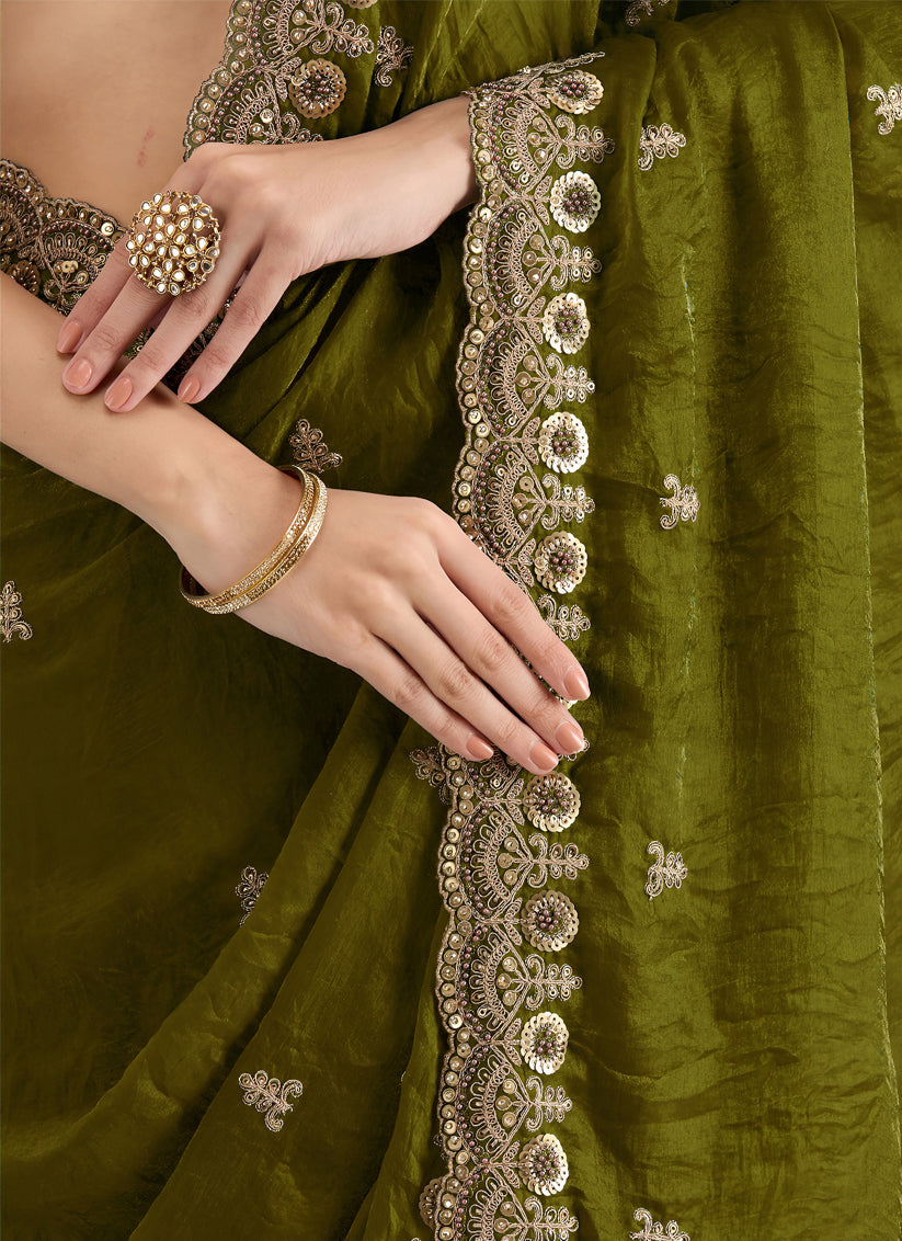 Olive Green Designer Tissue Saree with Embroidery and Sequin Work