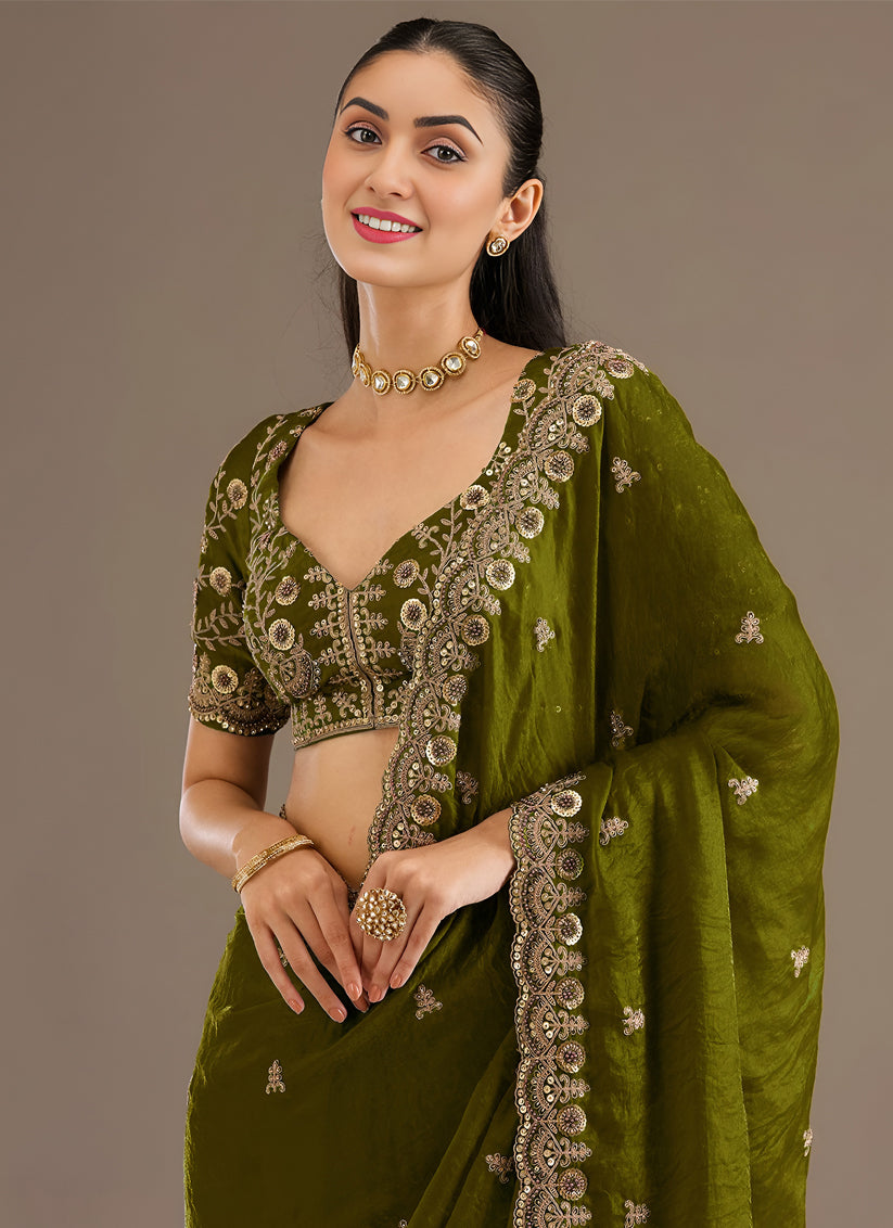 Olive Green Designer Tissue Saree with Embroidery and Sequin Work