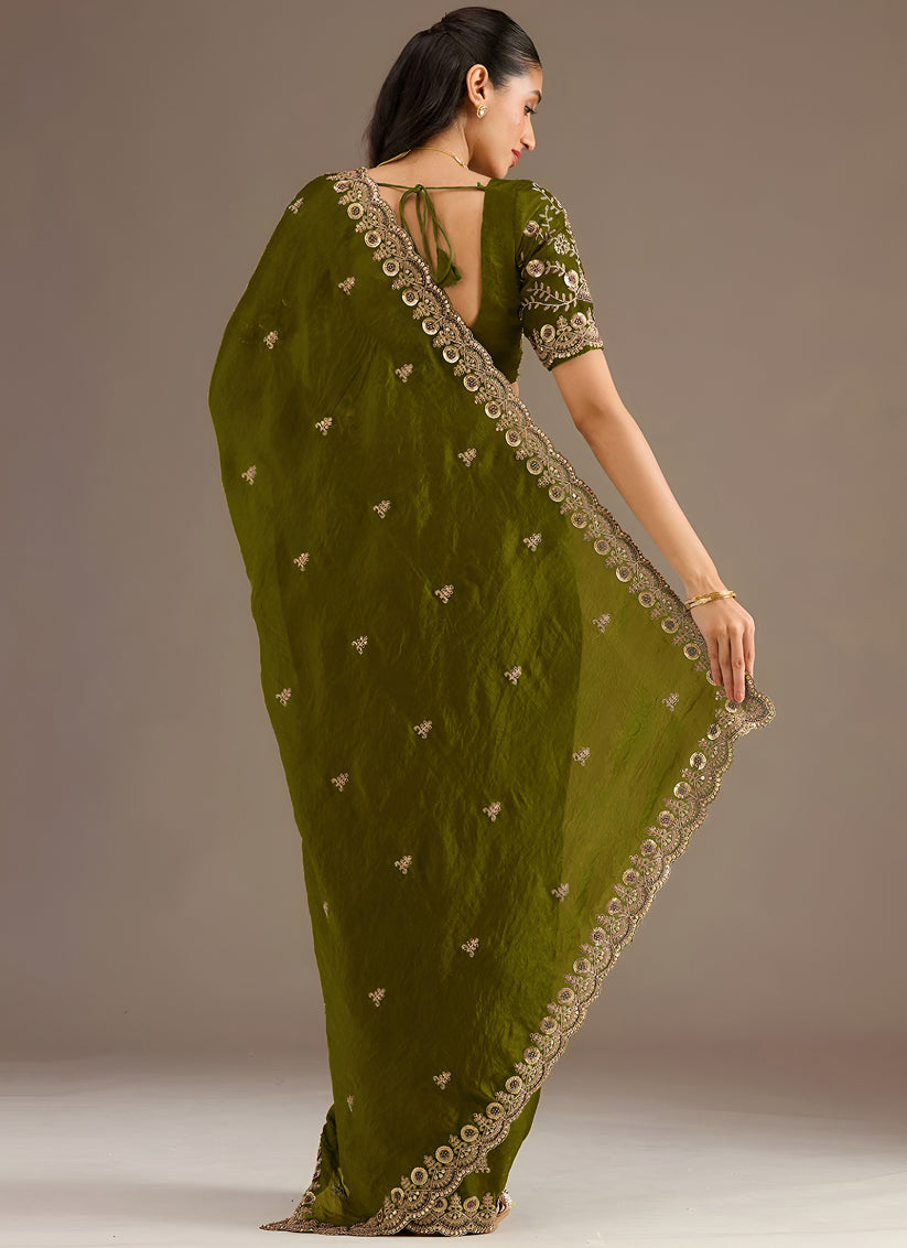 Olive Green Designer Tissue Saree with Embroidery and Sequin Work