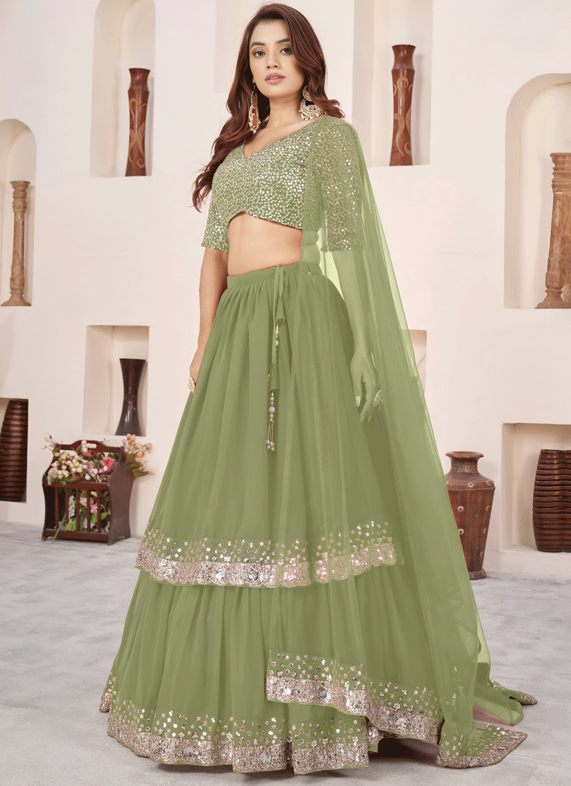 Olive Mist Sequins & Embroidered Georgette Lehenga Choli with Soft Net Dupatta