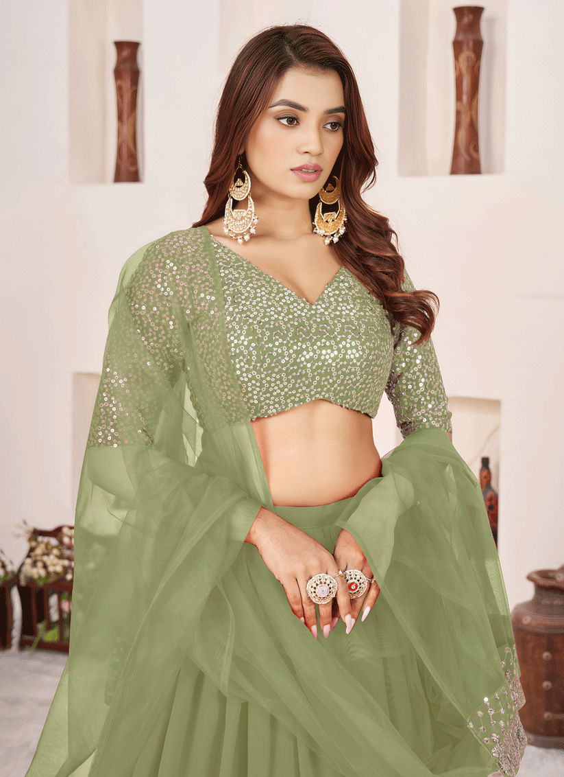 Olive Mist Sequins & Embroidered Georgette Lehenga Choli with Soft Net Dupatta