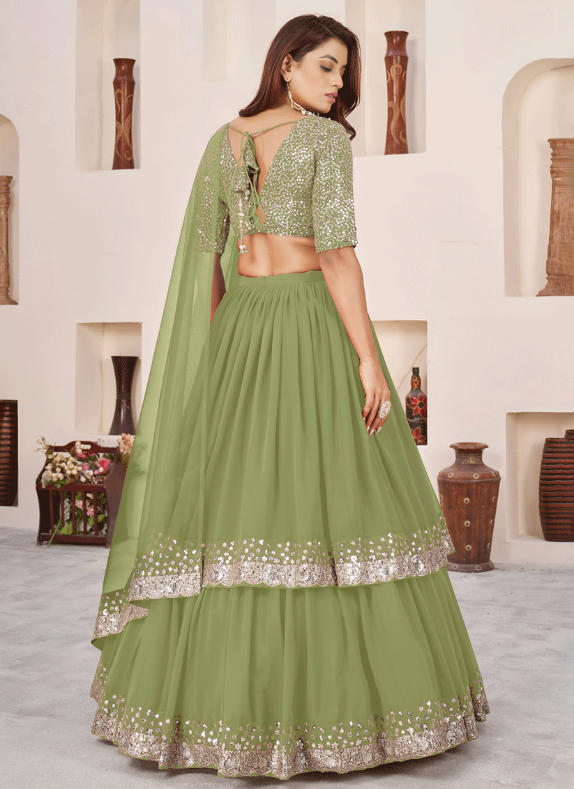 Olive Mist Sequins & Embroidered Georgette Lehenga Choli with Soft Net Dupatta