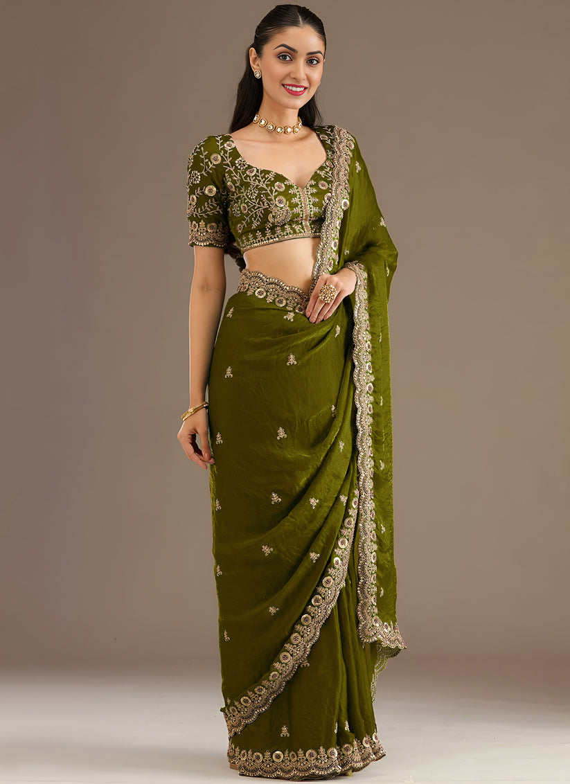 Olive Green Designer Tissue Saree with Embroidery and Sequin Work