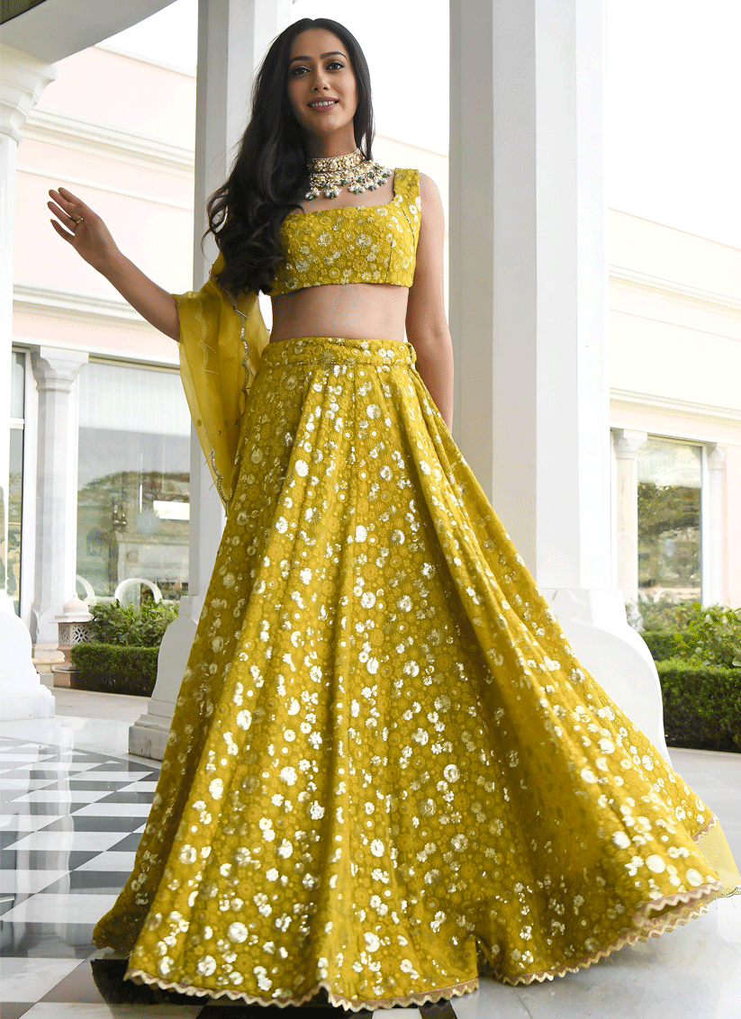 Chartreuse Green Designer Georgette Lehenga Choli with Intricate Embroidery