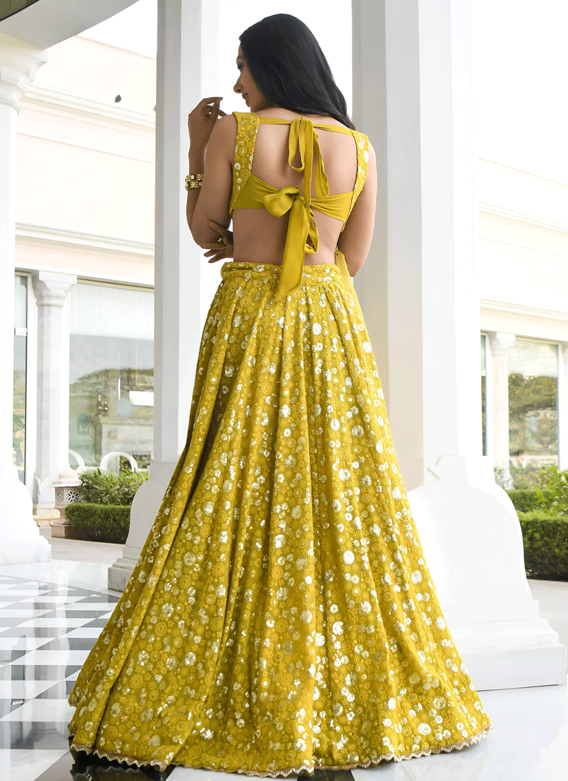 Chartreuse Green Designer Georgette Lehenga Choli with Intricate Embroidery