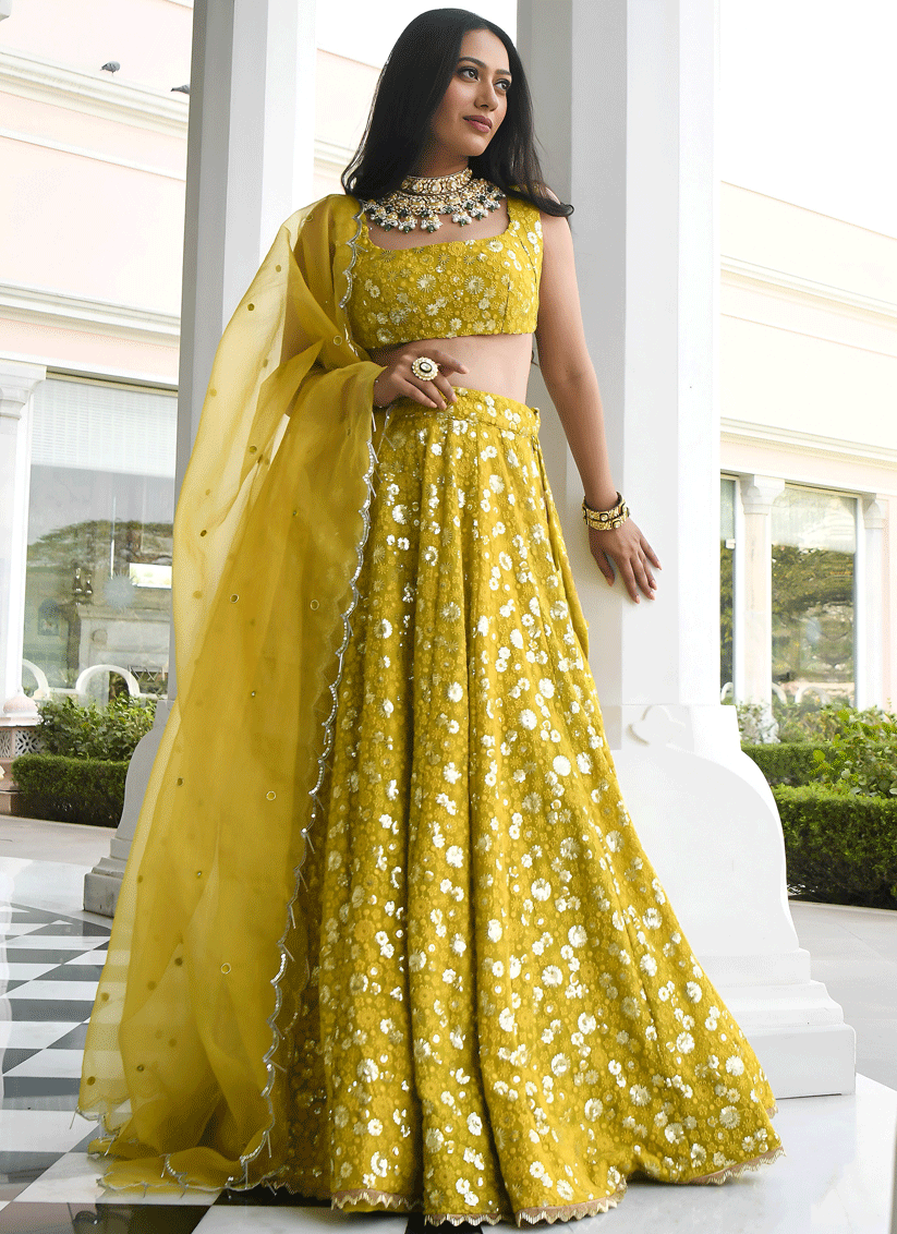 Chartreuse Green Designer Georgette Lehenga Choli with Intricate Embroidery