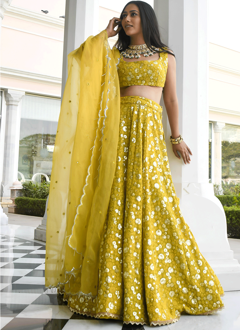 Chartreuse Green Designer Georgette Lehenga Choli with Intricate Embroidery