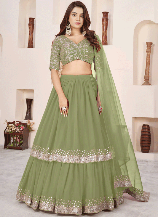 Olive Mist Sequins & Embroidered Georgette Lehenga Choli with Soft Net Dupatta