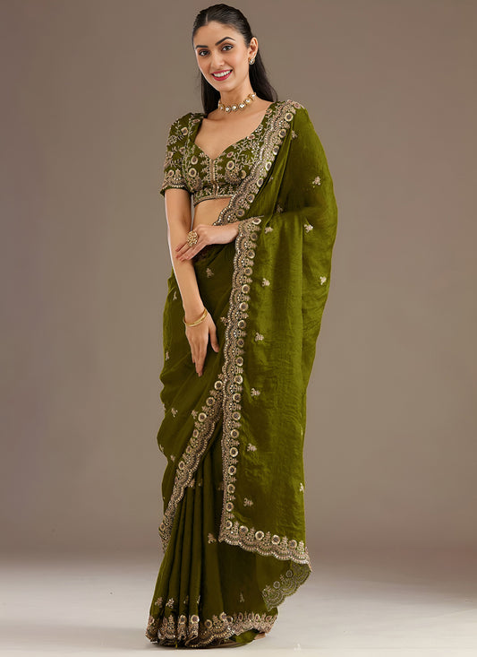 Olive Green Designer Tissue Saree with Embroidery and Sequin Work