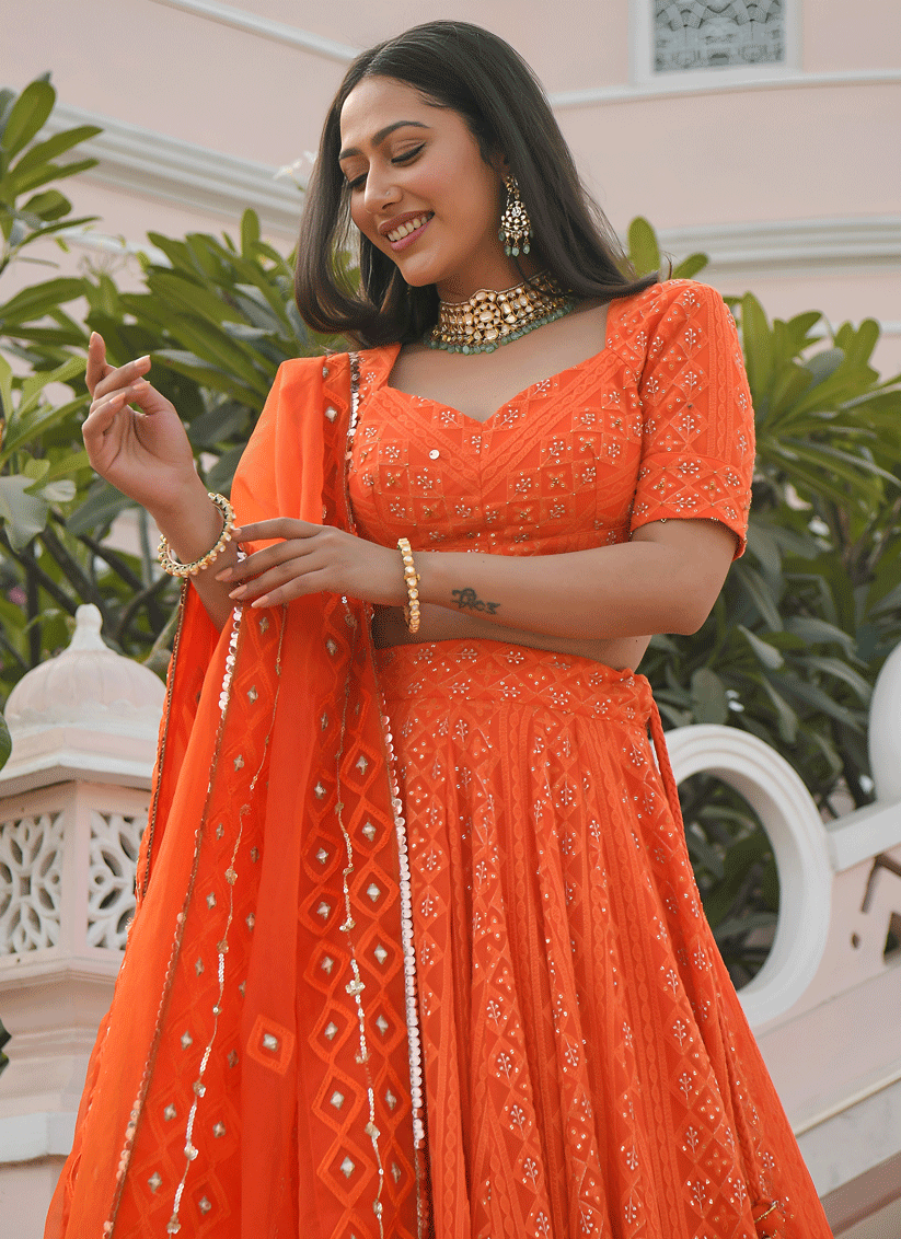 Tangy Orange Designer Georgette Lehenga Choli for Festive Wear