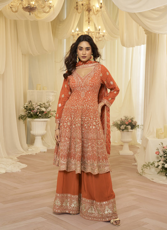 Burnt orange Premium Heavy Embroidered Georgette Kurti & Palazzo Set