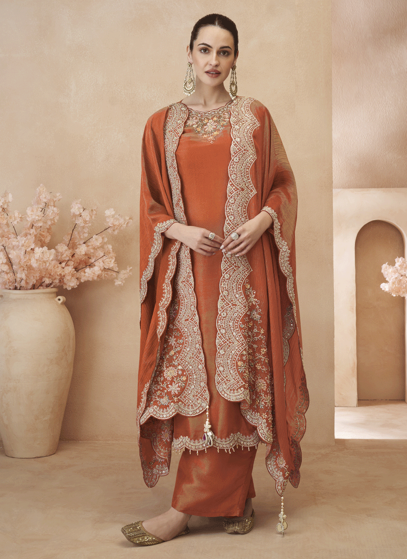 Rust Orange Designer Party Wear Embroidered Palazzo Suit